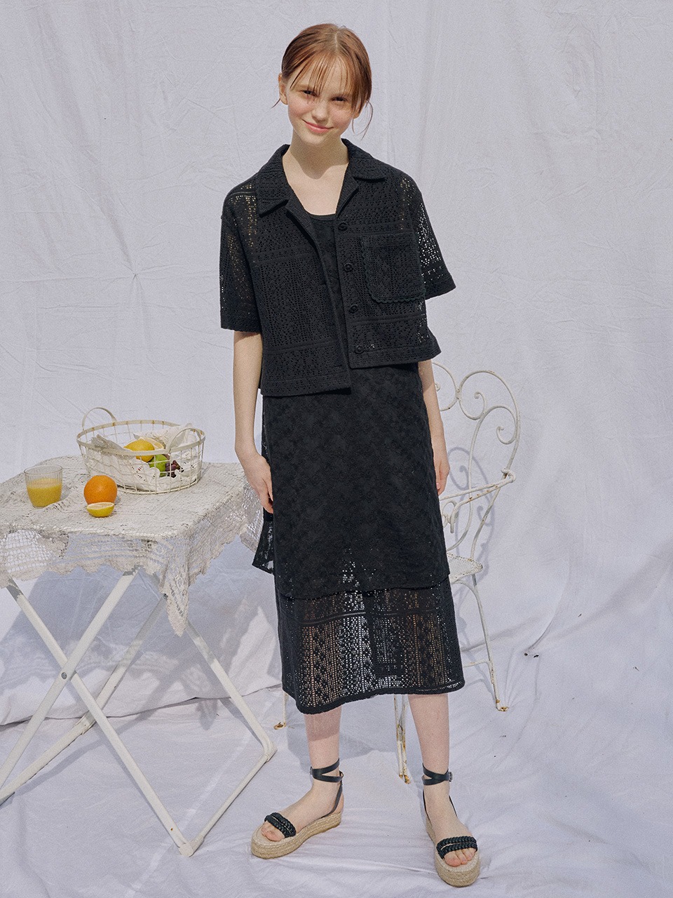 [SET] Lace Crop Shirt &amp; Layered Long Dress